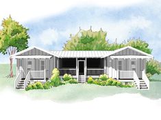 this is an artist's rendering of the front elevation of these beach house plans