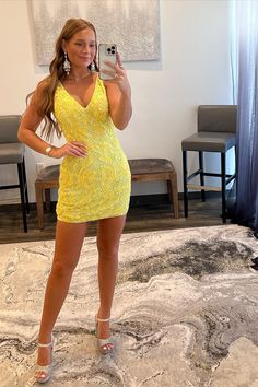 Sexy Yellow V-neck Sleeveless Sequined Backless Homecoming Dress With Lace-misshow.com Homecoming Dresses Yellow, Backless Homecoming Dresses, Dresses Yellow, Mini Homecoming Dresses, Lace Neckline, Dress With Lace, Homecoming Dress, Show Us, Custom Dresses