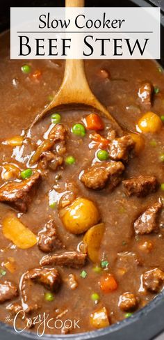 slow cooker beef stew with potatoes and carrots in a brown gravy