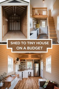 the inside of a tiny house with stairs and kitchen