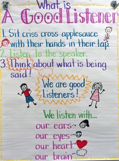 a bulletin board with words and pictures on it that say what is a good listener