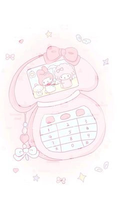 an image of hello kitty in a cell phone with stars and hearts on the background