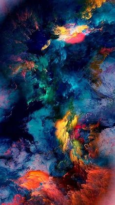 an abstract painting with red, green and blue colors in the sky on black background