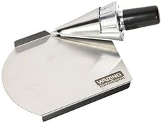 a stainless steel pizza peeler with black handle on an isolated white back ground background