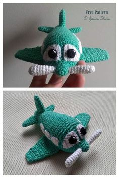 crocheted green airplane with eyes and nose is shown in two different views, one showing