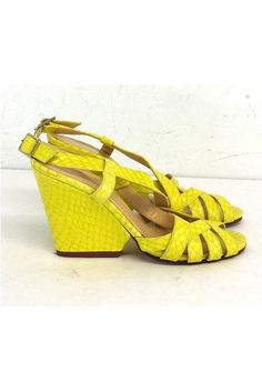 Size 5 B Yellow Snakeskin Embossed Wedges Leather & rubber soles Some wear on outsoles Leather upper Made in Italy Adjustable ankle strap Small discoloration spot on back of left heel Height 3.75" Lime Yellow, Leather Wedges, Teen Fashion, Snake Skin, Ankle Strap, Kate Spade, Heel Height, Leather Upper, Wedges