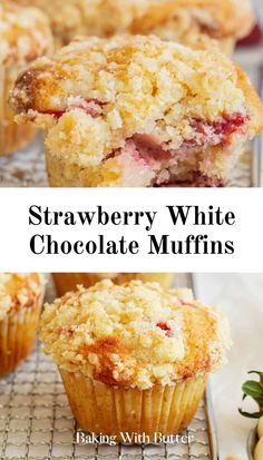 strawberry white chocolate muffins with crumbs on the side and in front