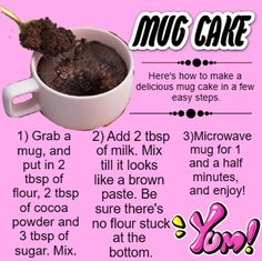 the instructions for how to make mocha cake in a mug with chocolate toppings