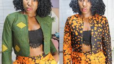 two photos of a woman with curly hair wearing an orange and black top, yellow skirt and green jacket