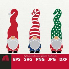 three gnomes with christmas hats and stockings