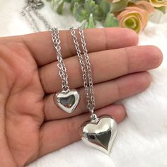 This delicate white gold plated heart necklace is a mindfulness gift, it's perfect as an anniversary gift or as a girlfriend gift well. Delicate Valentine's Day gift for her. You will look adorable wearing this delicate puffy heart necklace. The cute necklace you'll never want to take off. Perfect as a layering necklace. ♥ ITEM DETAILS: Total Length: 14 - 16 - 18 - 20 inches. The length of the necklace refers to the total length from end to end. #1 Pendant height: Approx. 1.50 mm.      Pendant w Puffy Heart Necklace, Small Heart Necklace, Sterling Silver Heart Pendant, Puffy Heart, Valentines Day Gifts For Her, Silver Heart Necklace, Cute Necklace, Small Heart, Big Heart