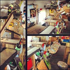 multiple shots of the inside of a skateboard shop, with various items on display