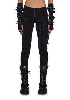 with pintuck detailing. Vegan Leather straps, a detachable pocket with a velcro closure. D-ring hardware, a front zipper closure, and an embroidered “D” on the front. Subversive Fashion, Detachable Pocket, Cyberpunk Outfit, 2024 Clothes, Female Ninja, Dystopian Fashion, Health Goth, Pleather Leggings, Punk Pants