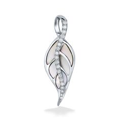 14K White Gold Maile Leaf Pendant with White Mother of Pearl Inlay and 0.19 Carats (total weight) of Diamonds. The pendant measures approximately 1 1/8" in length. Please note that a chain is not included with the purchase of this pendant. Mother Of Pearl Inlay, Pearl Inlay, Leaf Pendant, Mother Of Pearl, Diamonds, White Gold, Chain, Pendant, Gold