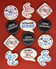 decorated cookies are arranged in the shape of speech bubbles