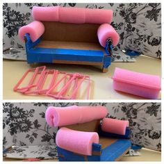 this is an image of a couch made out of cardboard and pink foams on it