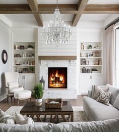 a living room filled with furniture and a fire place in the middle of a room