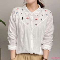 Sweet Collared Embroidered Shirt with Double Cotton Yarn and Single Button Closure, Long Sleeves Mesh Puff Sleeve Top, Keyhole Neckline, Puff Sleeve Top, Embroidered Shirt, Lapel Collar, Olivia Mark, Types Of Collars, Cotton Yarn, Puff Sleeve