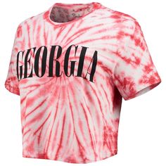 Celebrate your unwavering Georgia Bulldogs spirit with the Pressbox Women's Red Georgia Bulldogs Showtime Tie-Dye Crop T-Shirt. This cropped tee features a vibrant tie-dye pattern that will make you stand out at the stadium or on the streets. The rounded hem adds a touch of style, while the cotton and polyester blend ensures comfort and durability. Show your Georgia Bulldogs pride with this unique and eye-catching T-shirt. Short sleeve Screen print graphics Officially licensed Tie-dye pattern wi Collegiate Pink Short Sleeve Tops, Pink Collegiate Cotton Tops, Red Sublimation Print Top For College, Sporty Tie-dye Cotton T-shirt, Collegiate Pink Tops With Graphic Print, Sporty Tie-dye T-shirt With Crew Neck, Sporty Tie Dye T-shirt With Crew Neck, University Red Cotton T-shirt For Summer, Red School Spirit Top With Sublimation Print