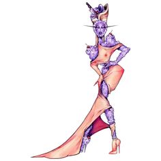 a drawing of a woman in purple dress and high heels with her legs spread out