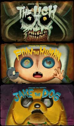 three movie posters with cartoon characters in the middle one has an evil face and the other has