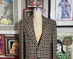 "1970s Houndstooth jacket with lots of earthy tones over tan - size medium -  Measurements:  20\" shoulder to shoulder from the back  42\" chest 38\"waist,  32\" neck to hem,  19\" underarm to hem. INTERNATIONAL CUSTOMER?? Please email for Shipping Costs" Semi-formal Houndstooth Outerwear With Lapel Collar, Vintage Houndstooth Notch Lapel Blazer, Vintage Houndstooth Outerwear, Elegant Double-breasted Houndstooth Outerwear, Double-breasted Wool Houndstooth Outerwear, Houndstooth Jacket, 1970s, Mens Jackets, Jackets & Coats