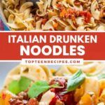 two pictures with different types of pasta in them and the words italian drunken noodles