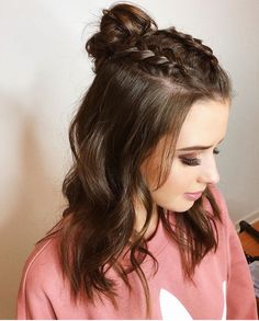 Like what you see? Follow me for more: @uhairofficial Braided Bun Hairstyles Half Up Half Down, Two Braids Into A Bun Half Up Half Down, Short Hair Hairstyles Homecoming, Braided Half Back Hairstyles, Prom Hairstyles Shoulder Length Curls, Meduim Length Hair, Braided Half Up Half Down Hair, Half Braided Hairstyles, Jess Conte