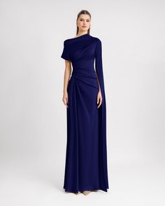 Jumpsuit And Jacket, Senior Szn, Long Evening Dress, Asymmetrical Neckline, Modest Fashion Outfits, Draped Dress, Navy Dress, Evening Dresses Long, Asymmetrical Dress