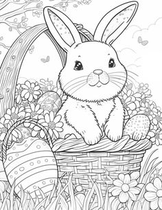 an easter bunny sitting in a basket filled with eggs