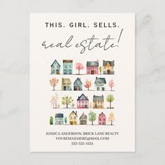 this girl sells real estate card with houses and trees on the front, in white