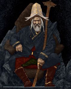 an old man sitting on top of a rock with a staff in his hand and wearing a hat