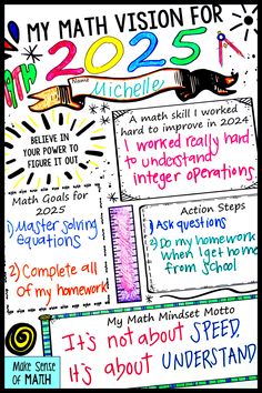 Kickstart the new year with this New Year 2025 Math Vision Board & Goal-Setting Activity! Perfect for middle school math students, this engaging math resource helps them set academic goals and reflect on their skills in a creative vision board style. Ideal for math teachers aiming to inspire growth mindset, goal-setting, and motivation. Perfect for grades 6-8, this activity sets the tone for a successful 2025! Vision Board Activity, Math Instructional Coach, Math Mindset, Middle School Math Worksheets, New Year Activity, Tips For Middle School, Goal Setting Vision Board, School Vision Board, Maths Activities Middle School