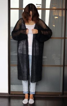 Long cardigan hand knit oversized cardigan by easyloopknitting Oversized Black Bohemian Sweater, Black Oversized Bohemian Sweater, Bohemian Oversized Black Sweater, Casual Mohair Outerwear For Layering, Black Mohair Winter Outerwear, Long Sleeve Mohair Outerwear For Layering, Long Sleeve Mohair Outerwear, Black Bohemian Sweater For Layering, Bohemian Black Outerwear For Layering