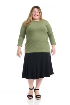 The Black Florence A-line skirt is a simple yet stylish, and flattering, below knee length panel skirt. It is made of a soft, stretchy fabric that is lightweight, comfortable and has fabulous flare. A nice fabric to dress up for the holidays, or dress down for work. Modest / Tznius A-line flary modest skirt Pull-on closure No pockets No slits Below knee-length Skirt length: Sizes XS-S: 24" M-L: 25" XL: 25.5" 1X-3X: 26" Machine wash cold inside out, hang/line to dry Slim models range from 5'5 - 5 Stretch Flared Pencil Skirt, Stretch Midi Length Gathered Skirt, Stretch Gathered Midi Length Skirt, Solid Versatile Knee-length Skirt, Modest Skirt, Panel Skirt, Modest Skirts, Paneled Skirt, Knee Length Skirt