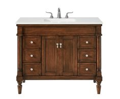 a bathroom vanity with drawers and a white counter top in dark brown wood finish on an isolated white background