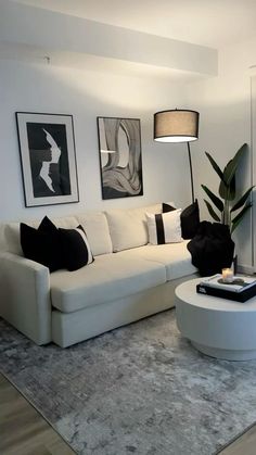 a modern living room with white furniture and black accessories on the walls, carpeted flooring