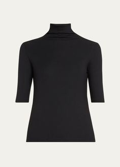 Vince Elbow-Sleeve Turtleneck Top - Bergdorf Goodman Elegant Stretch Top With 3/4 Sleeves, Elegant Crew Neck Top With High Stretch, Classic Black Tops, Elegant High Stretch Crew Neck Top, Classic High Stretch Black Top, Classic Fitted Elastane Tops, High Neck Elastane Tops For Fall, Classic Elastane Tops For Spring, Elastane Turtleneck Top