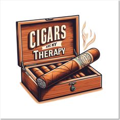 Cigar with cigar box reading Cigars are my Therapy -- Choose from our vast selection of art prints and posters to match with your desired size to make the perfect print or poster. Pick your favorite: Movies, TV Shows, Art, and so much more! Available in mini, small, medium, large, and extra-large depending on the design. For men, women, and children. Perfect for decoration. Cigars Drawing, Cigars Quotes, Cigars And Whiskey Wallpaper, Cigars Art Posters, Cuban Cigars Art, Black And Mild Cigars, Guys Trip, Cuban Cigars, Pipes And Cigars