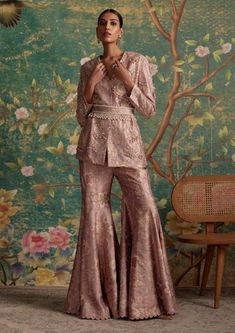 Ridhi Mehra-Icon Dusky Pink Print Jacket And Pant Set-INDIASPOPUP.COM Ridhi Mehra, Floral Print Jacket, Dusky Pink, Pant Suit, Stylish Jackets, Silk Jacket, Red Pants, Flared Pants, Embroidered Jacket