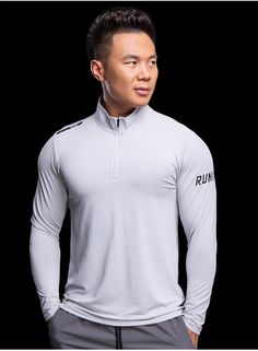 Slim Fit Long Sleeve Men’s Gym Workout Zipper T Shirt White Half-zip Sportswear Activewear, Half-zip Sportswear Tops For Light Sports, Technical Stretch Half-zip Tops, Breathable Half-zip Sports Tops, Half-zip Sportswear Tops For Gym, High Stretch Half-zip Sports Tops, Functional Half-zip Training Top, Functional Breathable Half-zip Activewear, Functional Half-zip Tops For Training