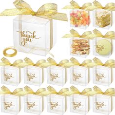 thank you gift box with gold ribbon, candy and candies in small clear boxes