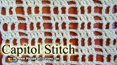 a close up of a white and red crochet pattern with the words capitol stitch on it