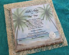 a beach themed wedding program with palm trees