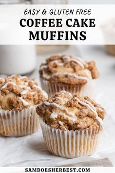 three muffins with icing on top and the words easy & gluten free coffee cake muffins