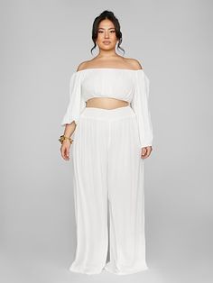 Plus Size Ingrid Off The Shoulder Top | Fashion to Figure White Flowy Pants Outfit, Ballet Core Outfits, Plus Size Cottagecore, Core Outfits, Ballet Core, Puff Sleeve Crop Top, All White Outfit, Fashion To Figure, Flowy Pants