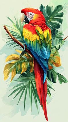 a colorful parrot sitting on top of a tree branch next to green leafy branches