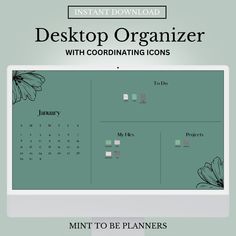 a desktop computer screen with the words desktop organizer and coordinating icons in front of it