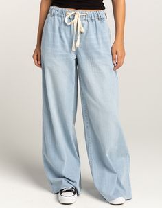 RSQ Womens Mid Rise Tie Front Denim Wide Leg Jeans - LIGHT WASH | Tillys Trendy Cotton Jeans For Beach, Mid-rise Jeans For Spring Vacation, Mid-rise Jeans For Vacation In Spring, Spring Vacation Denim Jeans, Spring Vacation Mid-rise Jeans, Washed Blue Relaxed Fit Jeans For Day Out, Relaxed Fit Jeans With Elastic Waistband For Day Out, Relaxed Fit Cotton Jeans For Day Out, Casual Cotton Jeans For The Beach