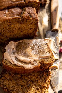 slices of banana bread with peanut butter on top